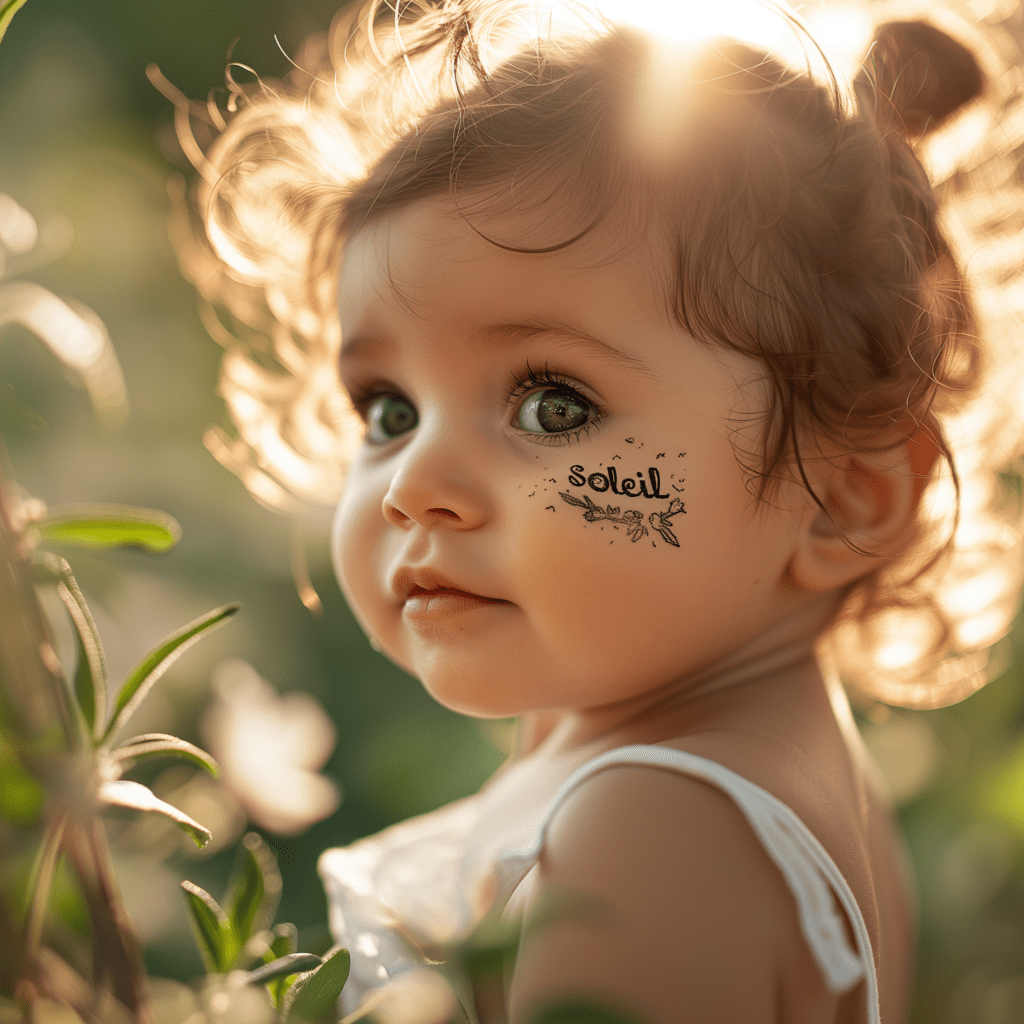 Adorable Child with 'Soleil' Cheek Tattoo and Sparkling Eyes