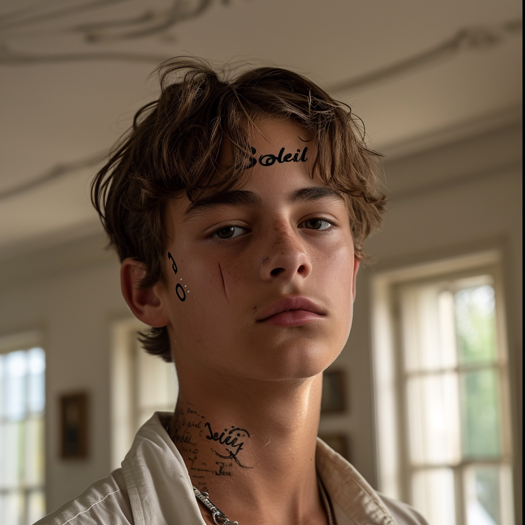 Teen Boy with 'Soleil' Forehead Tattoo.
