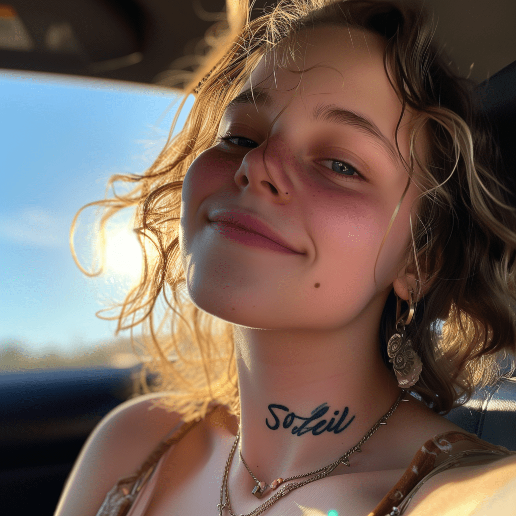 Happy Teenage Girl with 'Soleil' Neck Tattoo in Sunlight