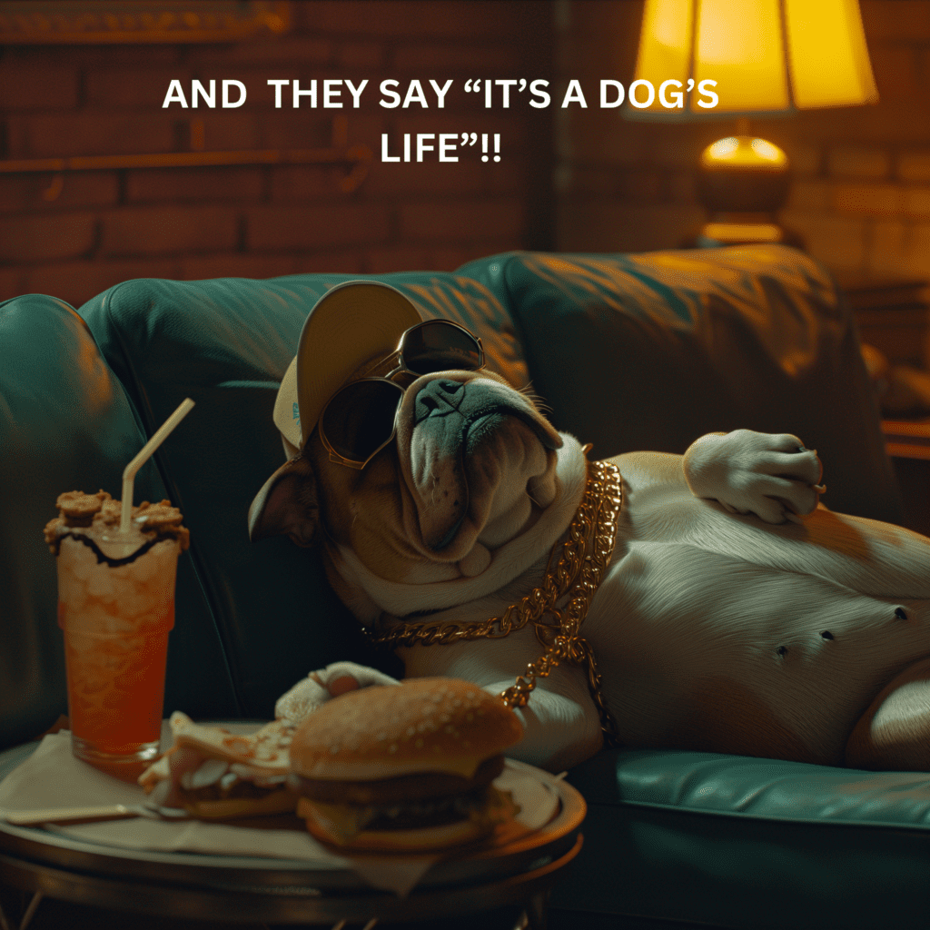 A bulldog is lounging on a green leather couch, wearing sunglasses and a gold chain necklace. In front of the dog is a table with a burger, a sandwich, and a frappe-style drink. The text "AND THEY SAY 'IT’S A DOG’S LIFE'!!"