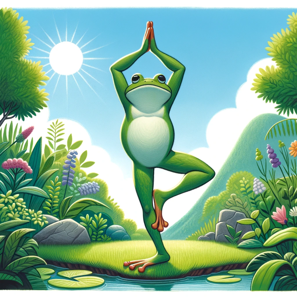 Frog practicing tree pose in garden