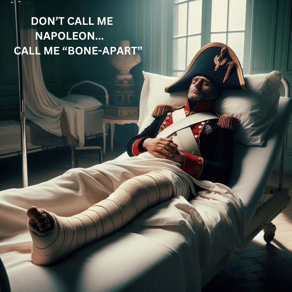 The image shows a person dressed as Napoleon Bonaparte with a cast on his elevated right leg, resting on a hospital bed