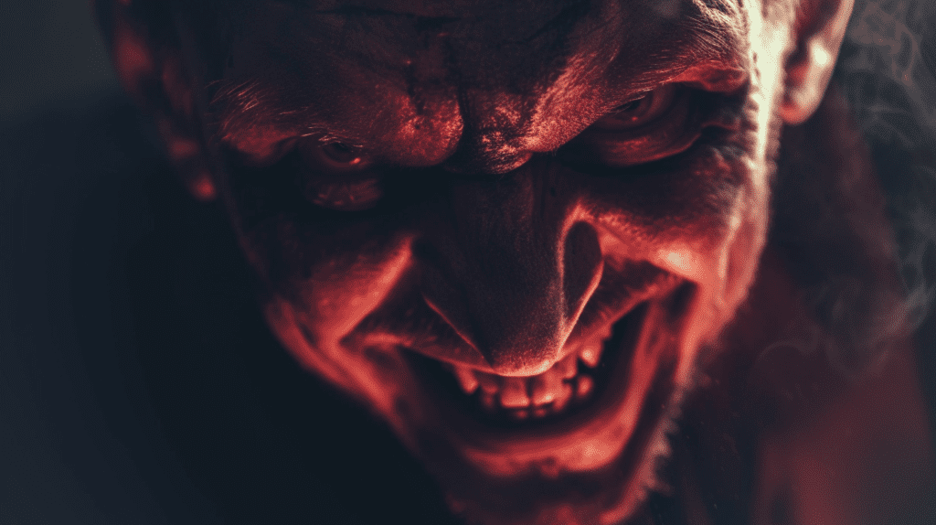 An image of a Devil smiling, low angle photography