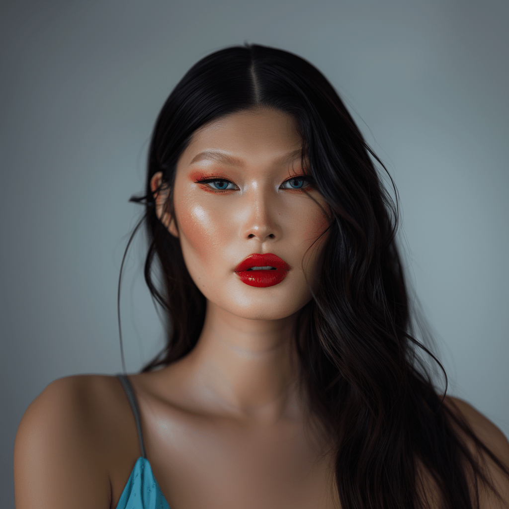 Model with vibrant glossy red lipstick, green eyes, pink blusher, eye shadow and black hair,