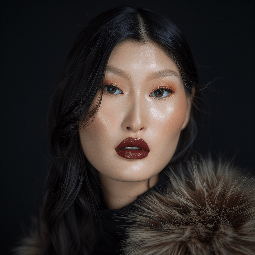 Model with brown lipstick, black eyes, pink blusher, eye shadow and black hair,