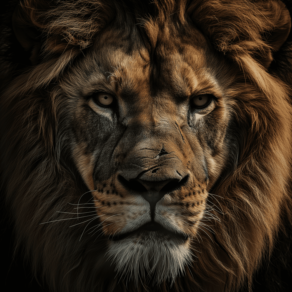 image of a battle-scarred face of a alpha male barbary lion, frowning and looking fierce its mane is dark.
