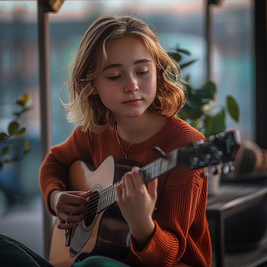 Image of a teenager girl in brown pullover in her living room playing guitar