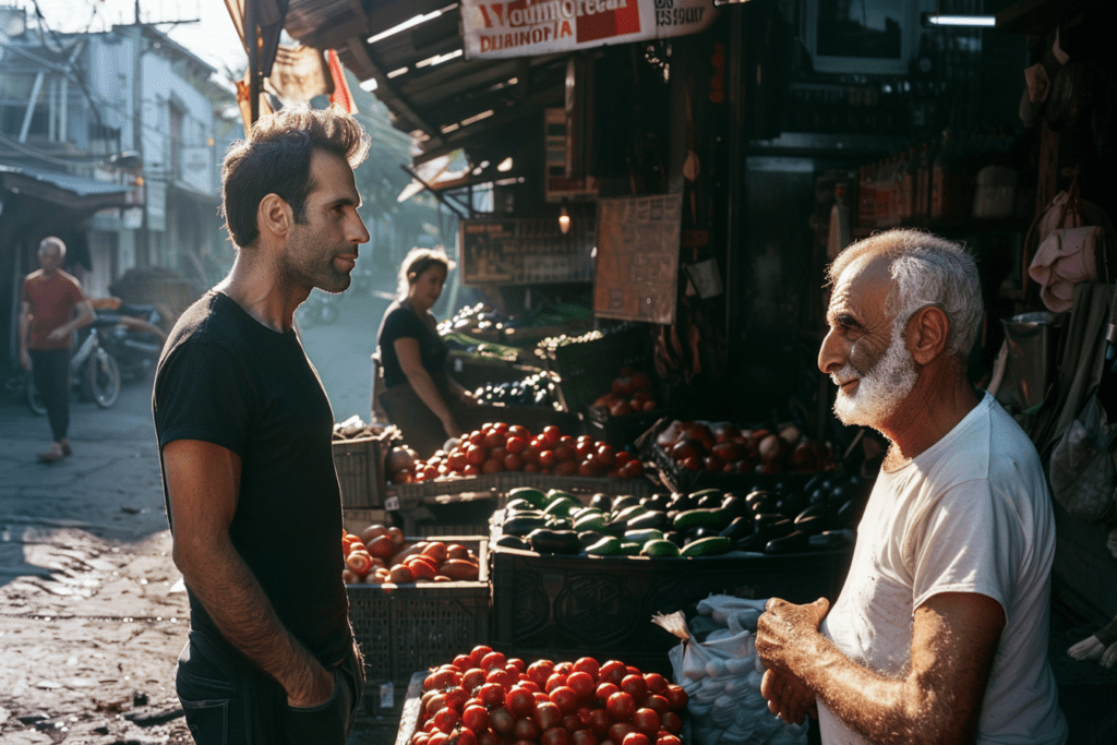 "Man purchasing vegetables at a market stall."