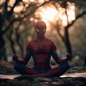 Spidermanpracticing yoga in park