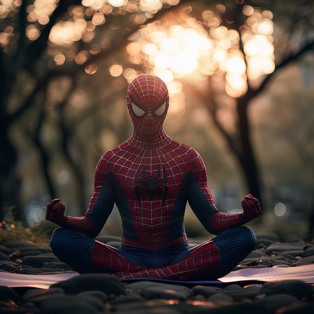 Spidermanpracticing yoga in park