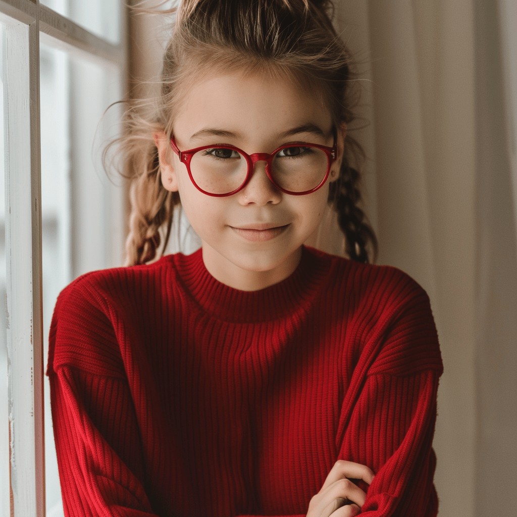 A young girl around 10 years old, with a friendly smile, wearing red round-framed glasses and a cozy red pullover. Her hair is styled in two playful braids, and she's indoors, near a window with white frames, which allows natural light to highlight her features.