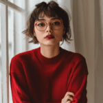 A woman in her 30s with a bob haircut and red round glasses, wearing a red sweater, poses thoughtfully near a bright window.





