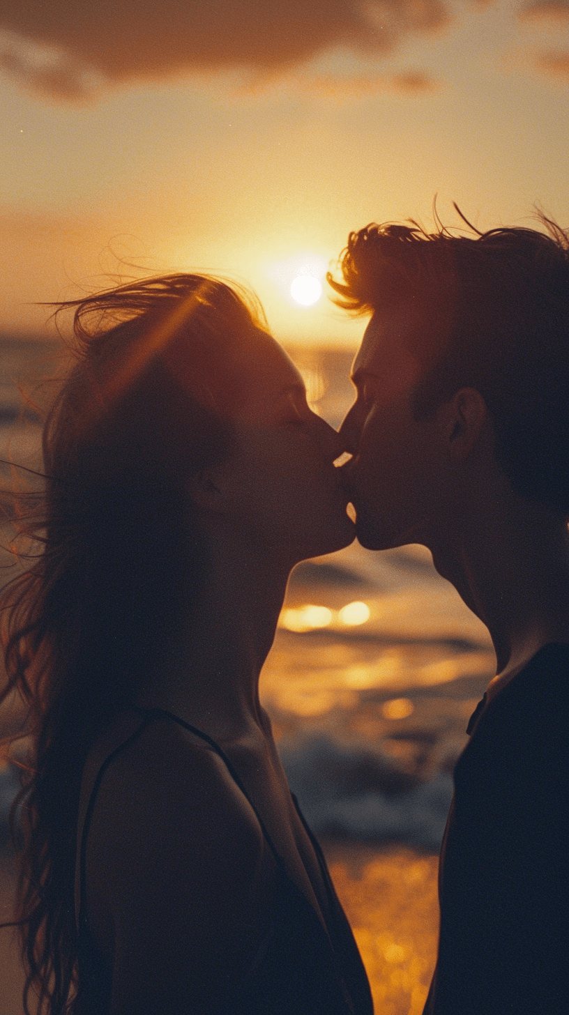 COUPLE KISSING BACKGROUND SUNSET