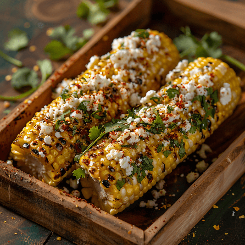 Corn with cheese, cilantro, and paprika toppings