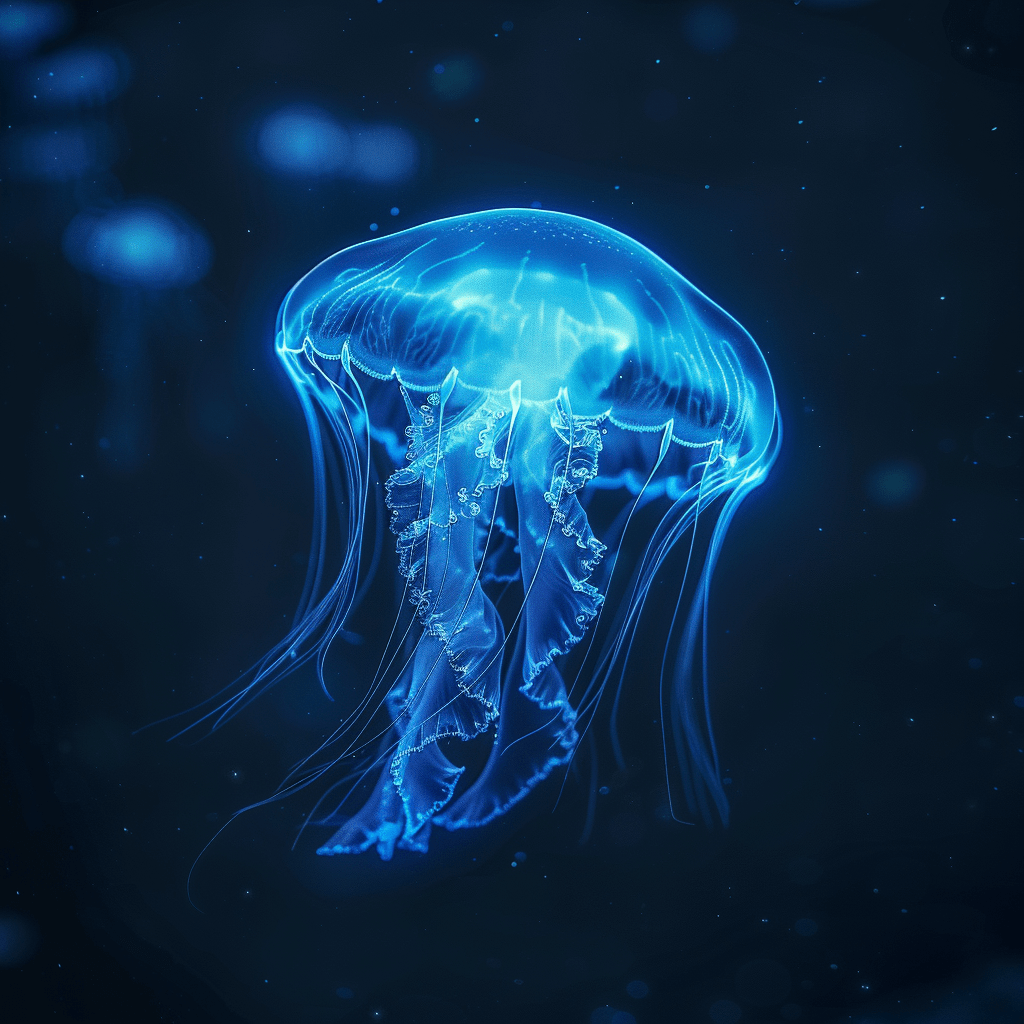 jellyfish emitting a blue bioluminescent glow
