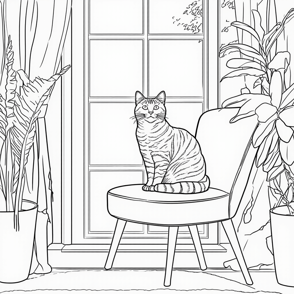 Midjourney prompt for coloring book cat on window side