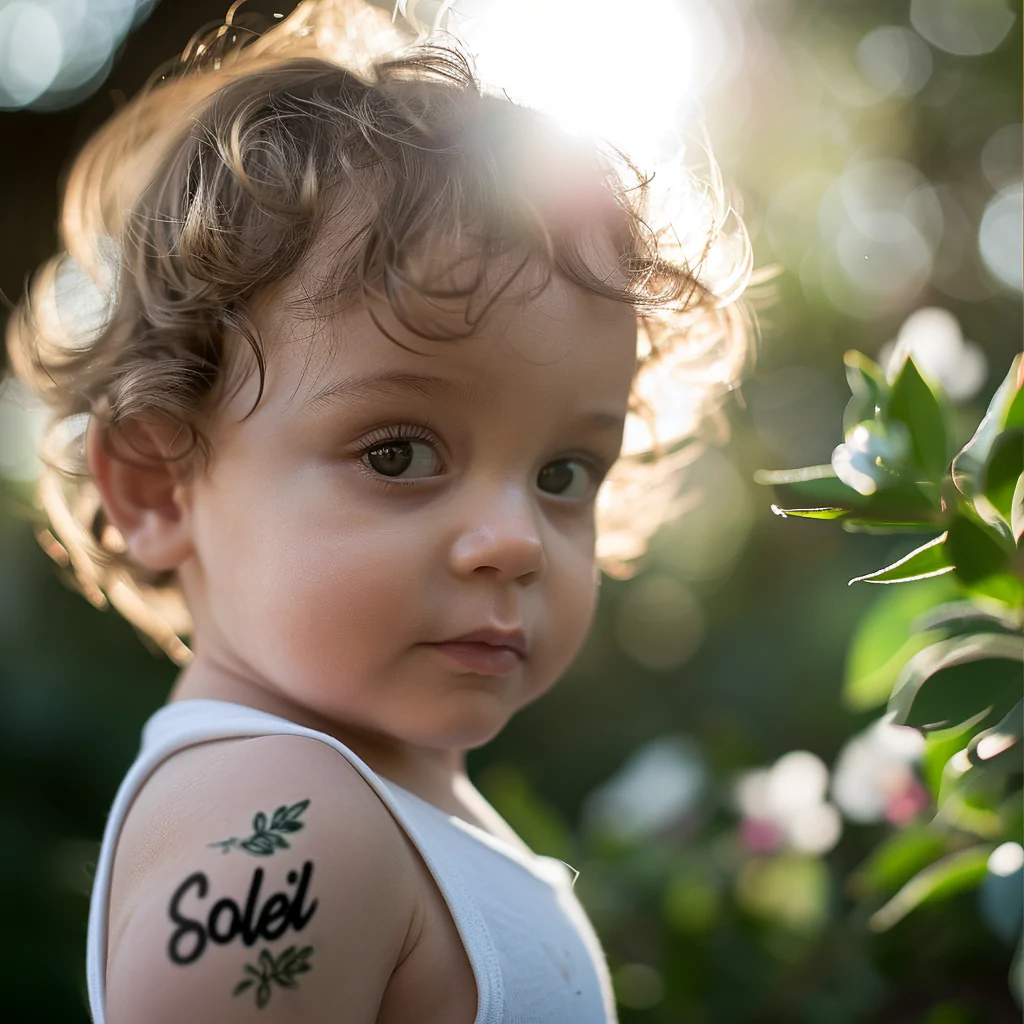 Midjourney Images "Curly-Haired Toddler with 'Soleil' Tattoo in Sunlit Garden"