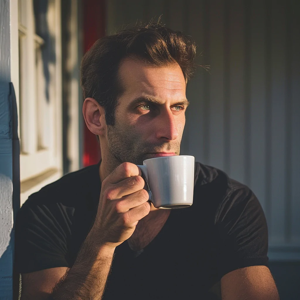 "Image of a man enjoying his early morning coffee on the patio