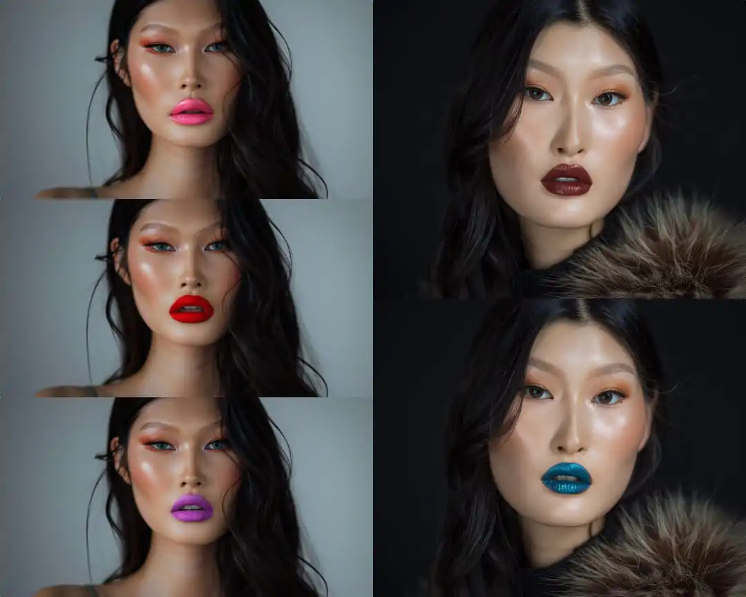 A collage of four images featuring an Asian model with different lipstick shades.