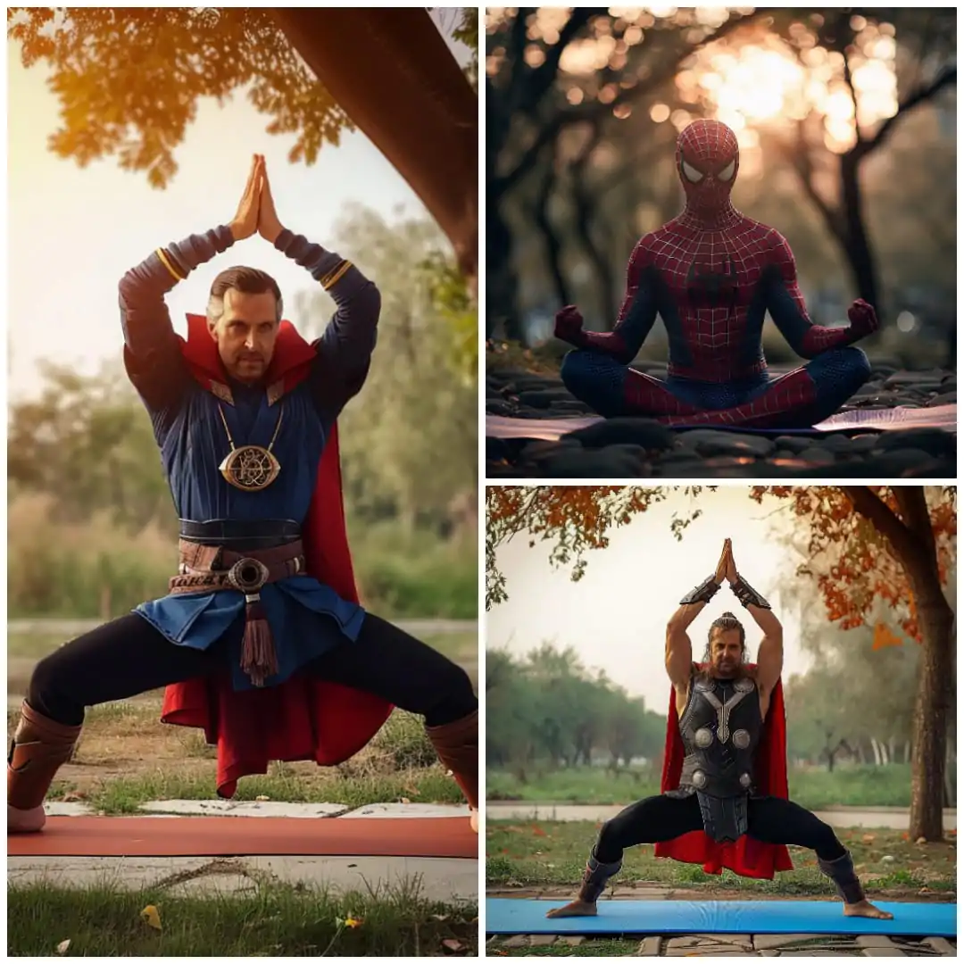 Collage of superheroes playing yoga