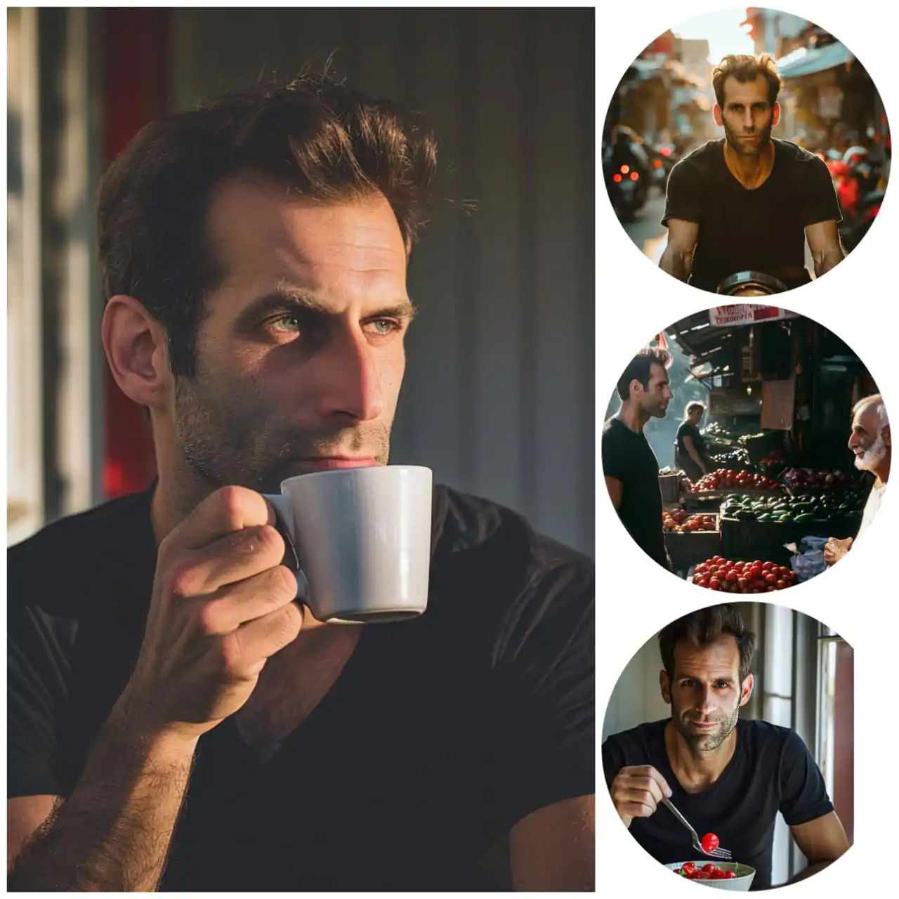 Collage of man having his coffee , going to market for "Man’s day depicted in four images: drinking coffee, riding bike, buying vegetables, and eating salad."