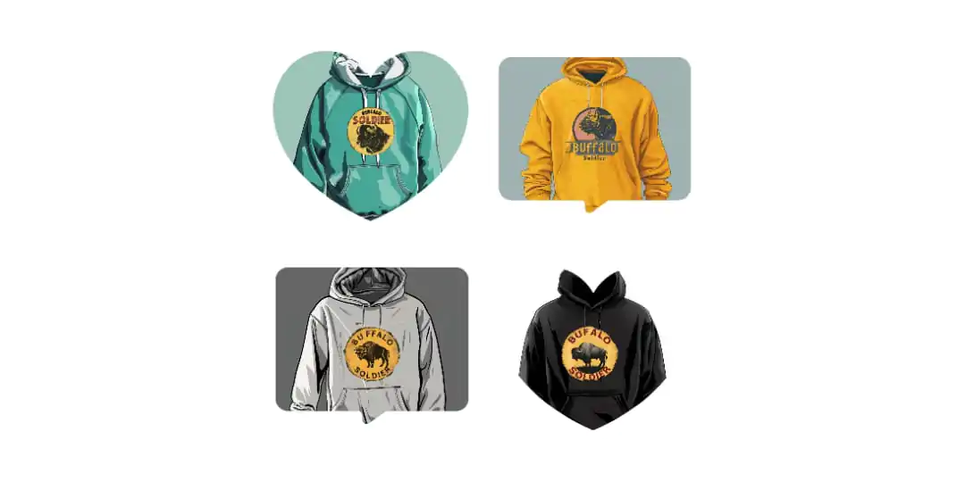 The image is a collage of four hooded sweatshirts, each with a different base color and all featuring the "Buffalo Soldier" logo in the center. The top left hoodie is displayed within a heart-shaped border and has a teal color with the logo in yellow and black. The top right hoodie is a warm yellow color, with the logo appearing to have a night sky within the circular design. The bottom left hoodie is gray, with a yellow and black logo, while the bottom right hoodie is black, with a logo that has a glowing, almost fire-like color scheme. The designs are contemporary, yet they carry a vintage feel that aligns with the classic rock aesthetic.