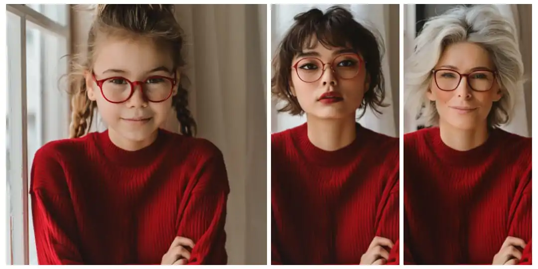 A triptych of three females of varying ages wearing red sweaters and red-framed glasses. The left image features a young girl with braided hair smiling gently by a window. The center picture showcases a young woman with a modern bob haircut looking pensively at the camera. The right image portrays an elegant older woman with stylish gray hair, offering a warm, confident smile.