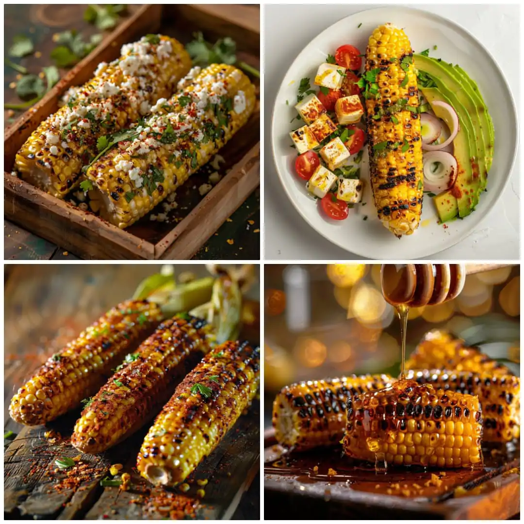 A collage of four images featuring various deliciously grilled corn dishes with different toppings and seasonings.