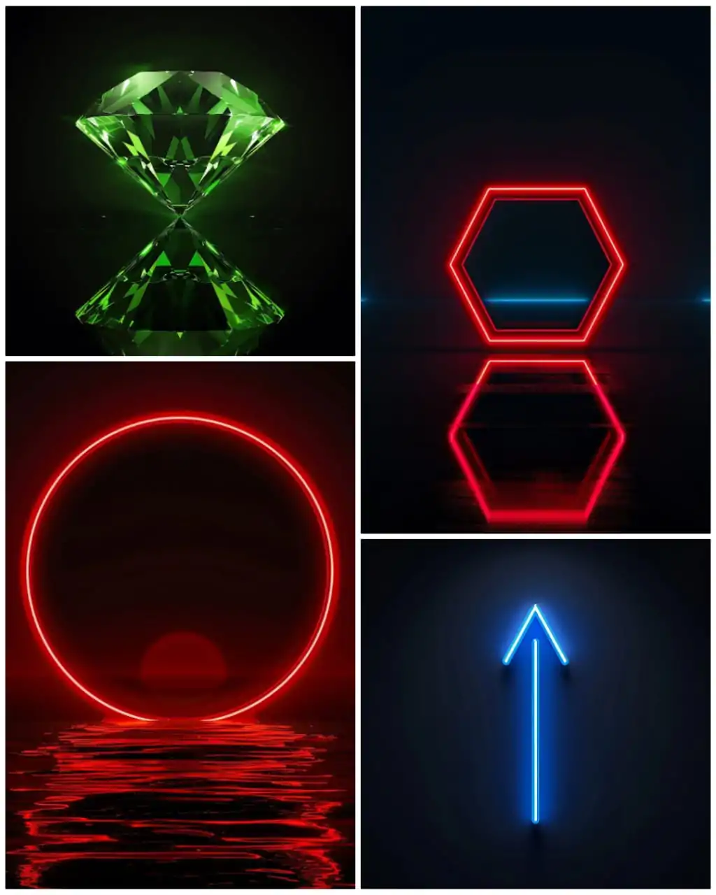 "Collage of futuristic neon designs created using MidJourney AI. Featuring a green diamond with mirror reflection, a red hexagon outlined in neon light, a glowing red circle reflecting on water, and a blue neon arrow pointing upward. These striking visuals showcase the versatility and creativity of AI-generated art."