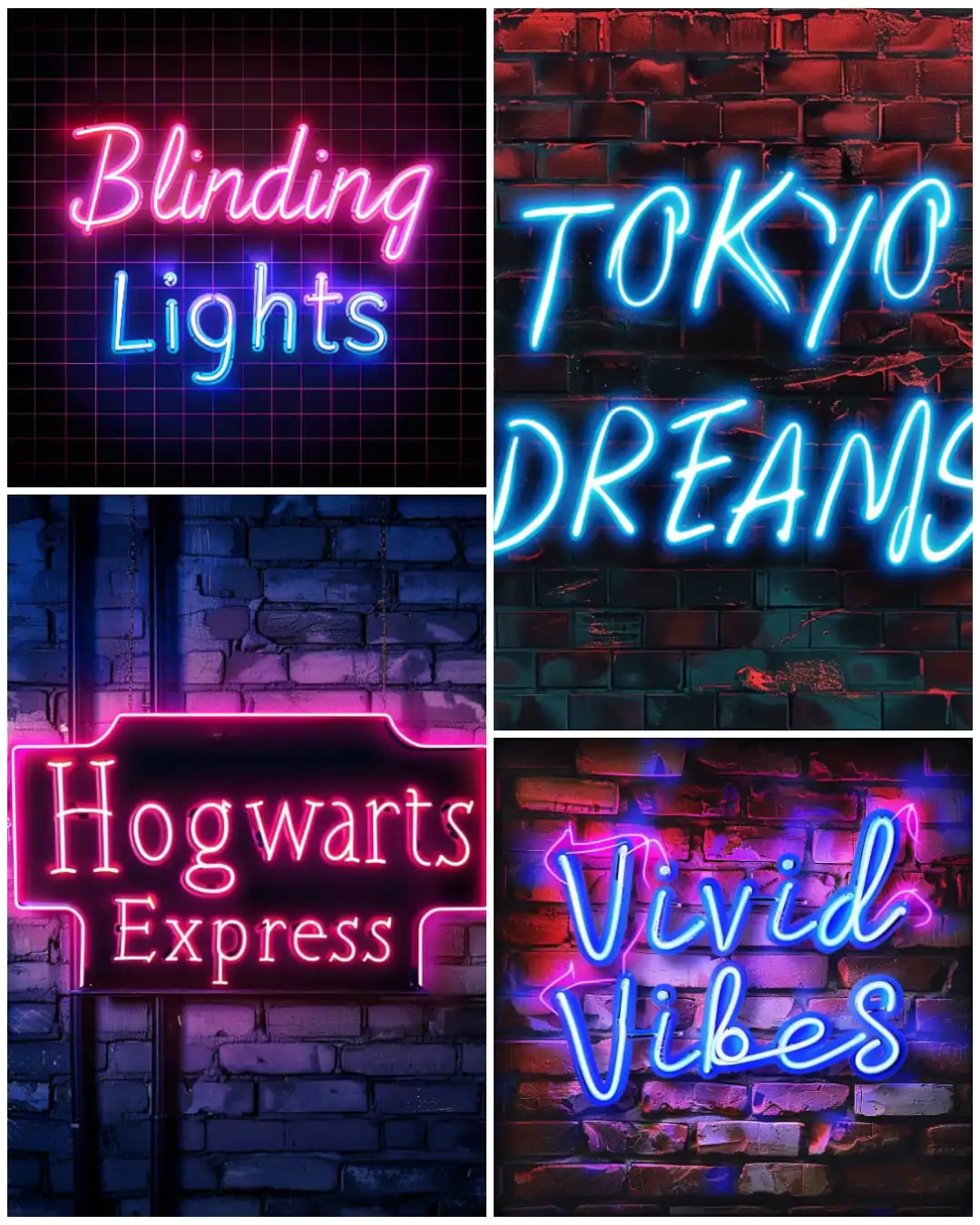 Collage of vibrant neon text signs created using MidJourney prompts. The signs feature phrases like 'Blinding Lights,' 'Tokyo Dreams,' 'Hogwarts Express,' and 'Vivid Vibes' in various neon colors and styles. Each sign is set against a unique backdrop, including a dark grid pattern and textured brick walls. These stunning neon artworks have been created using MidJourney prompts, showcasing the versatility and creativity of neon ar