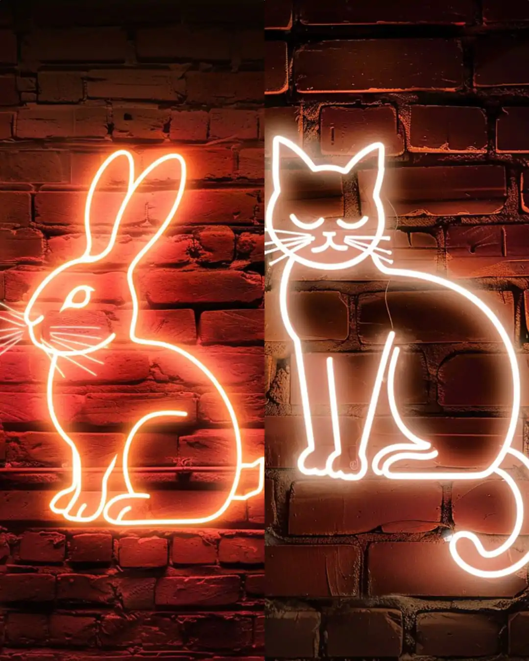 "Midjourney Prompt for Neon Animal Sign: White Neon Cat and Orange Neon Rabbit Outlines on Red Brick Wall"