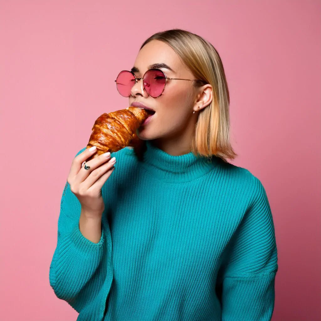 Firefly A young woman in a teal sweater and rose-tinted sunglasses is savoring a croissant 52961