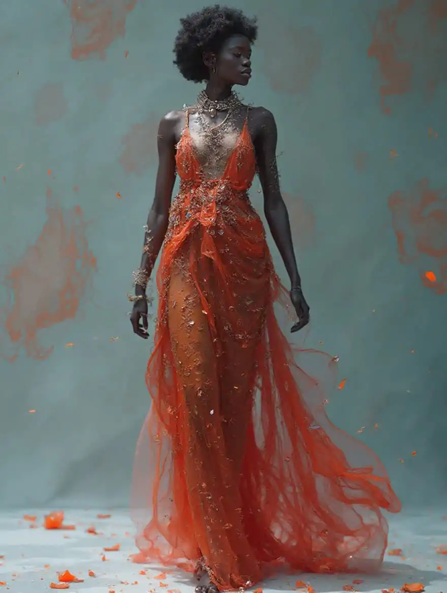 Elegant model in a flowing, vibrant orange gown adorned with intricate details, standing confidently against a soft backdrop, as petals and fabric move gracefully around her. Remix AI prompt for high-fashion digital art and avant-garde design.Created In Midjourney