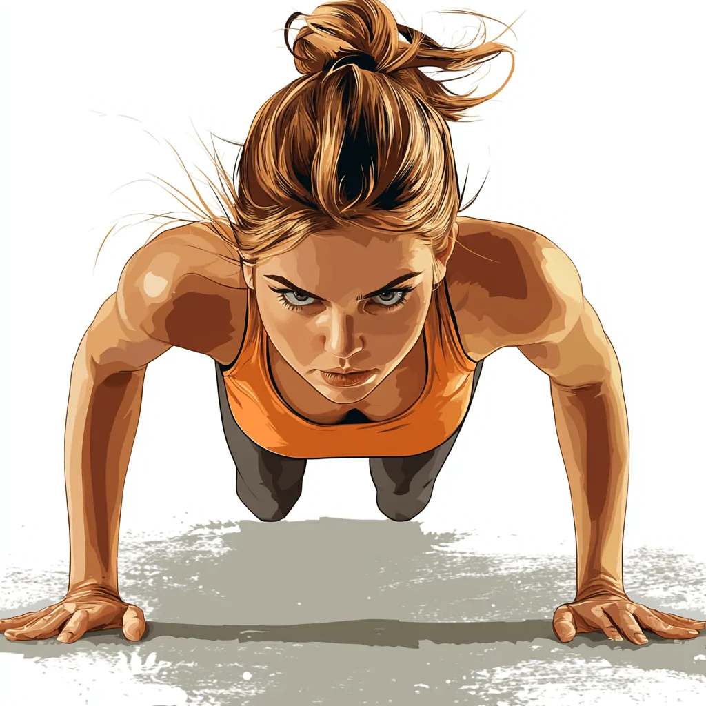 Vector illustration of a determined woman in a plank position. She has her hair tied back in a bun, wearing an orange tank top, and shows intense focus and strength. The image features bold lines and vibrant colors, highlighting the dynamic energy of a workout in a modern, minimalistic style."