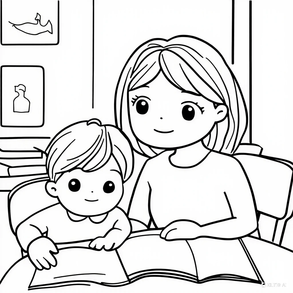 Midjourney Prompt for coloring book Mom with kid