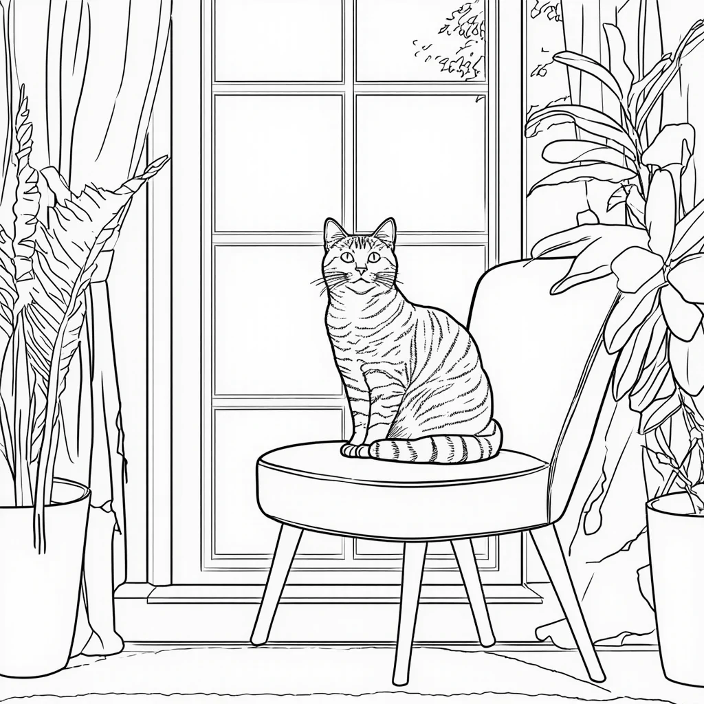 Midjourney prompt for coloring book cat on window side